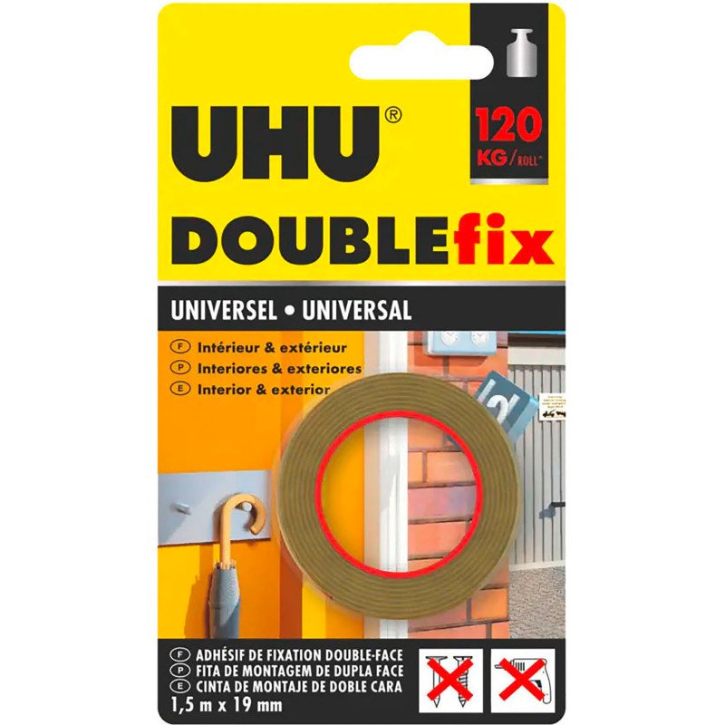 Ruban adhésif double-face Doublefix UHU ultra fort universel - 19 mm x 1,5 m - Résistance 120 kg