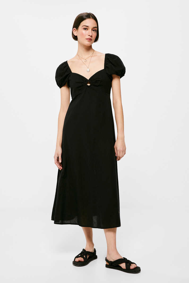 Vestido midi com recortes no decote, em mistura de linho e algodão - Preto