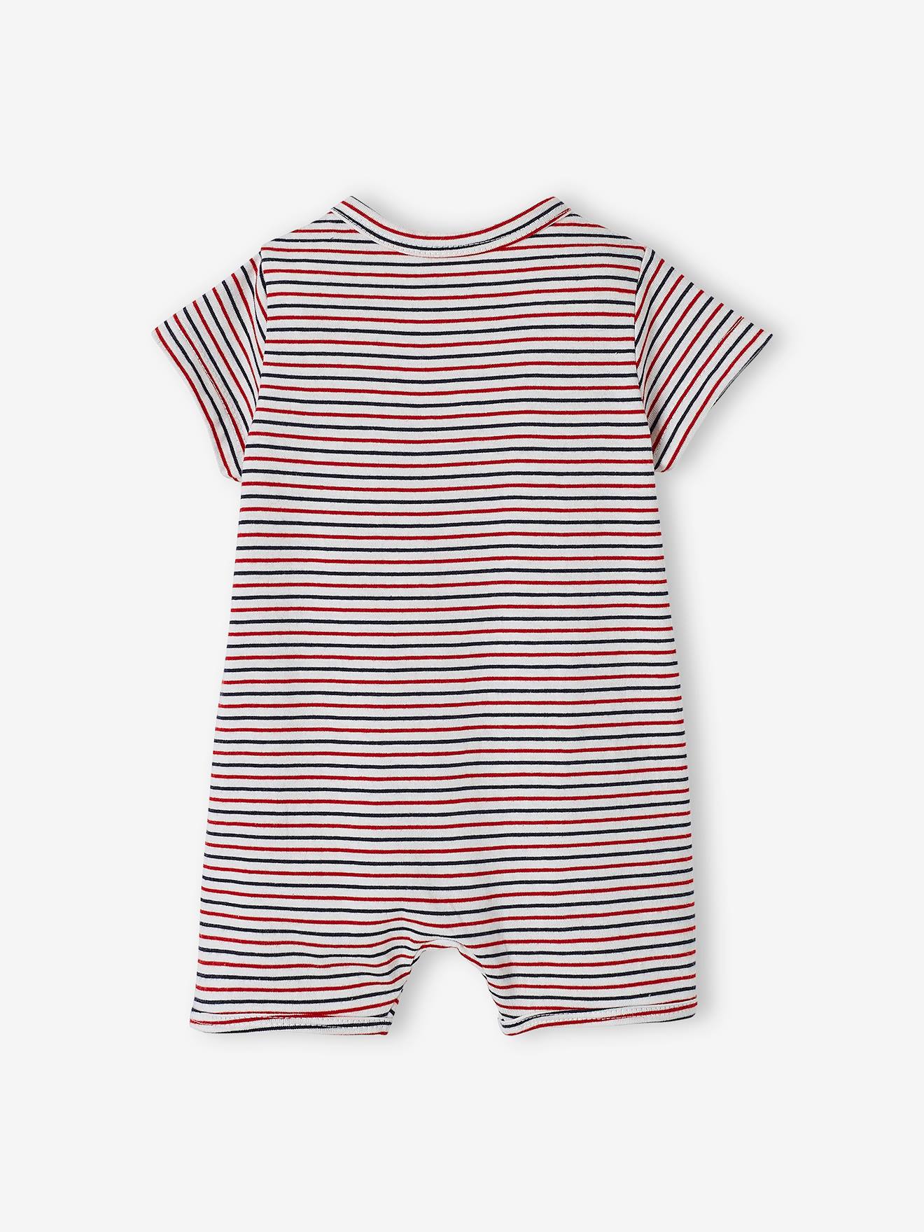 Conjunto com 2 pijamas curtos para bebê menino, modelo body, em dois tons de branco claro/multicolorido, com certificação Oeko-Tex®.