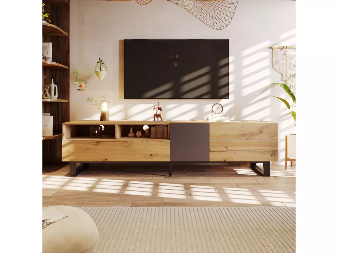 Meuble TV 2 tiroirs 1 portes et 3 niches - en MDF - effet grain de bois et pieds métal - 180x38x50cm