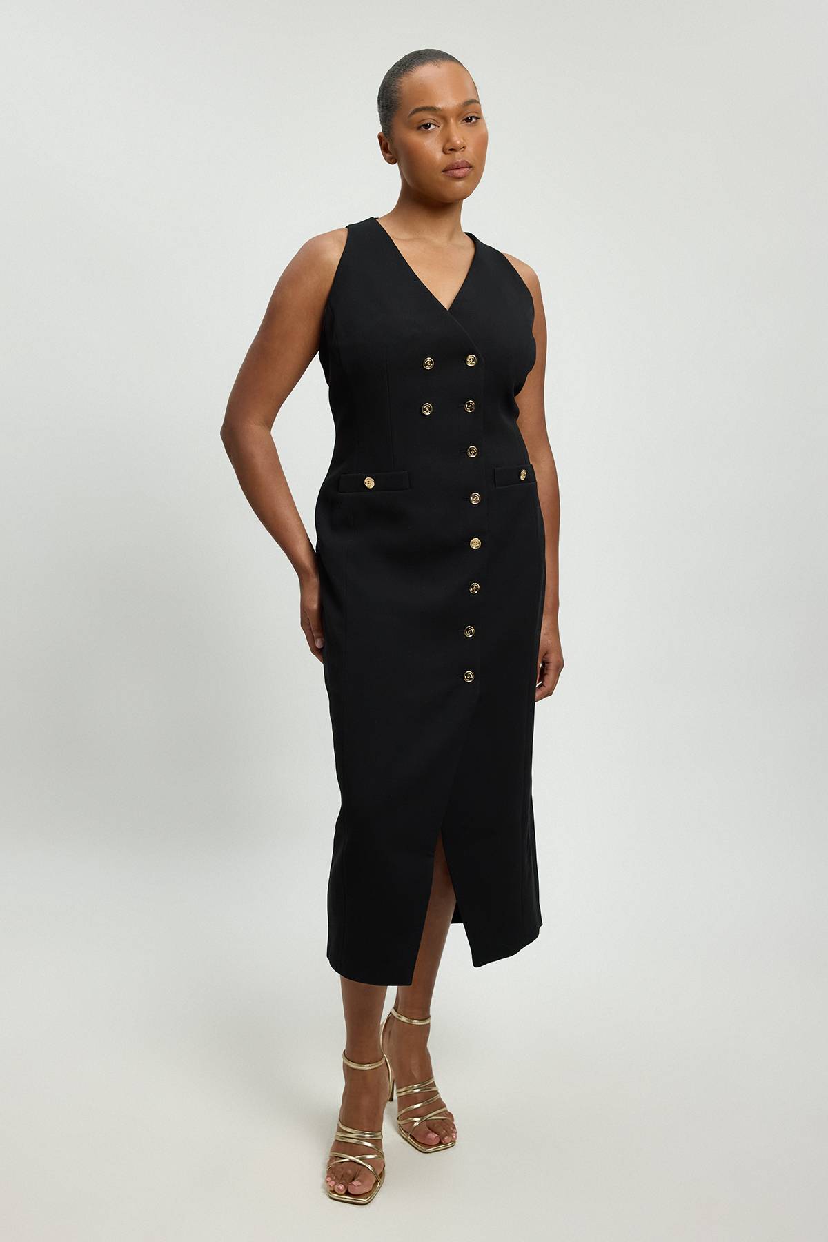KarenMillen Robe Midi Grande Taille Texturée Extensible Compacte Col V Avec Détails Boutonnés