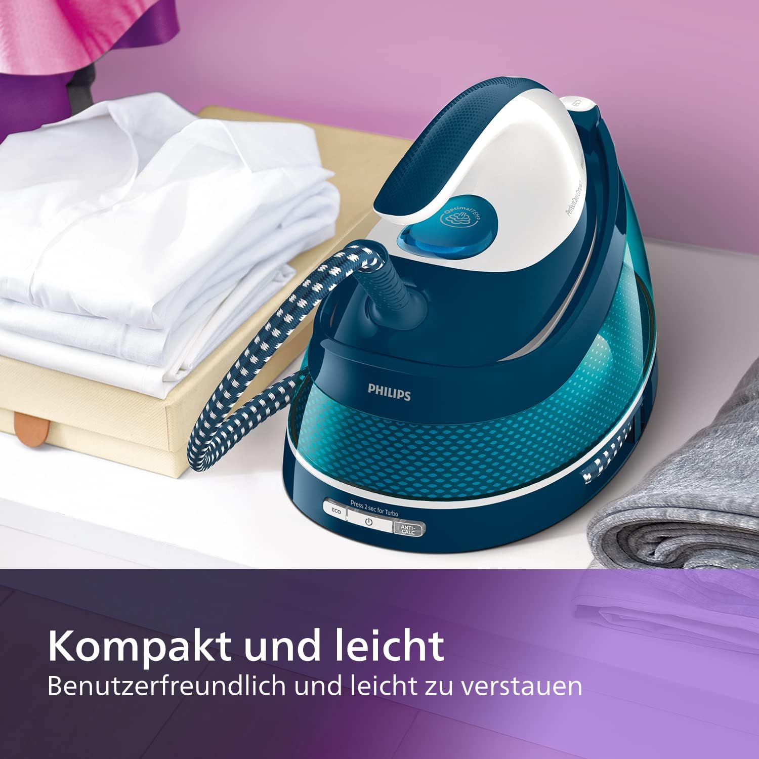 Philips Domestic Appliances Perfect Care Compact Dampfbügelstation - OptimalTemp Technologie, 120 g/min Dauerdampf, 2400 Watt, 6,5 bar Druck, 1,5 L Wassertank, SteamGlide Bügelsohle, Blau (GC7844/20)