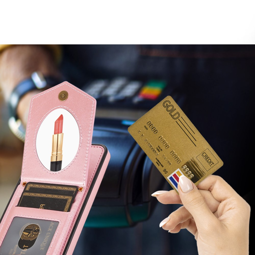 Samsung Galaxy S23 5G Necklace Leder Hülle im Litchi Look mit Spiegel (RFID Schutz) - Roségold