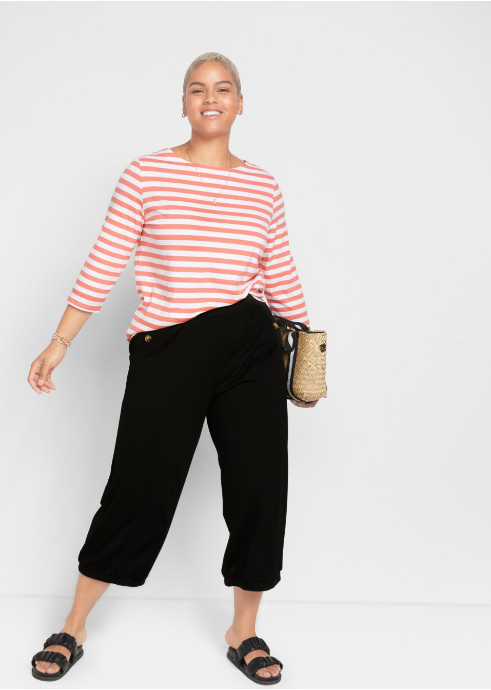 Pantalon large en Punto di Roma avec tour de taille confortable et bords-côtes à la base