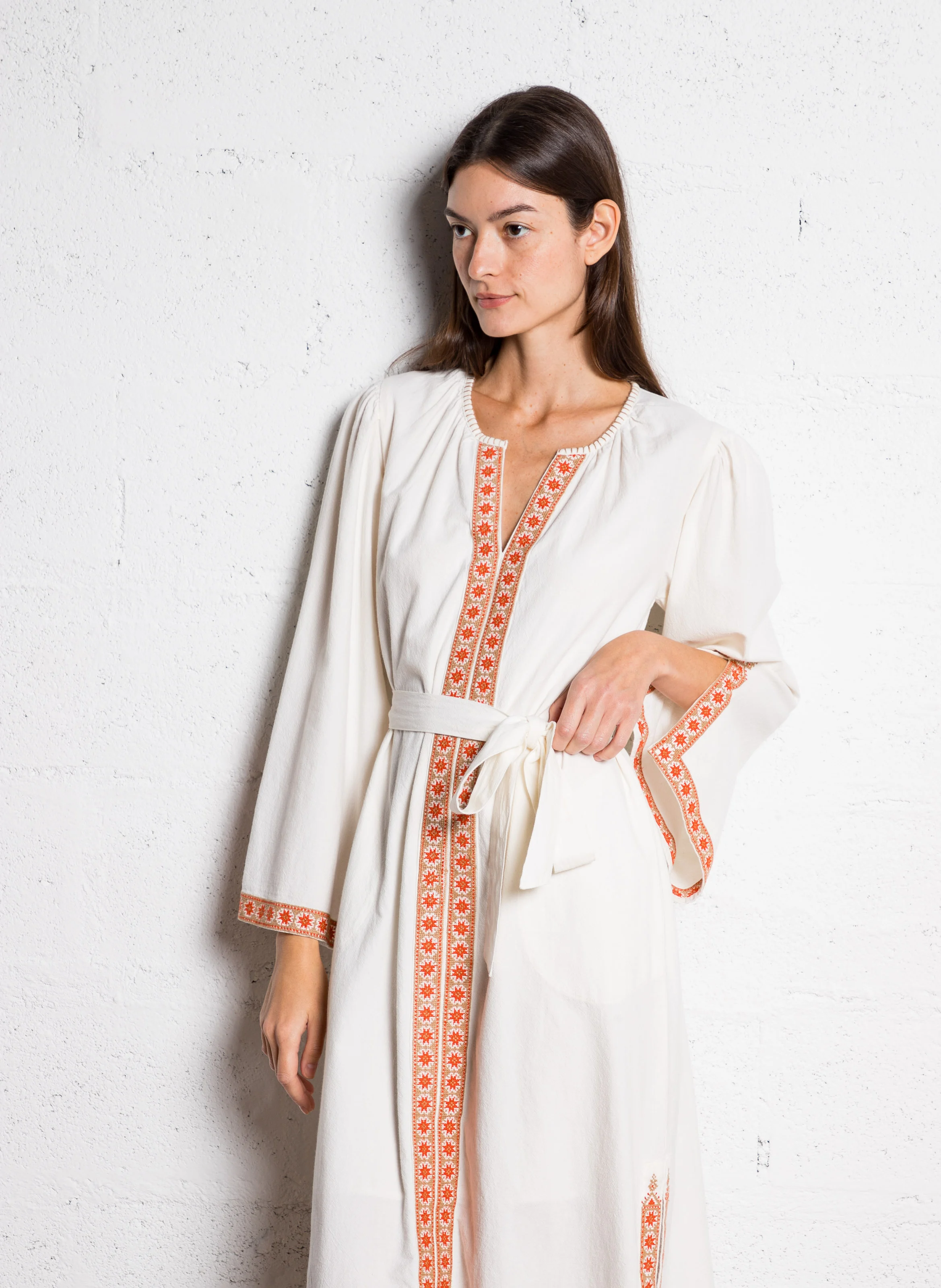 GALATEE - Robe longue brodée en coton | Beige