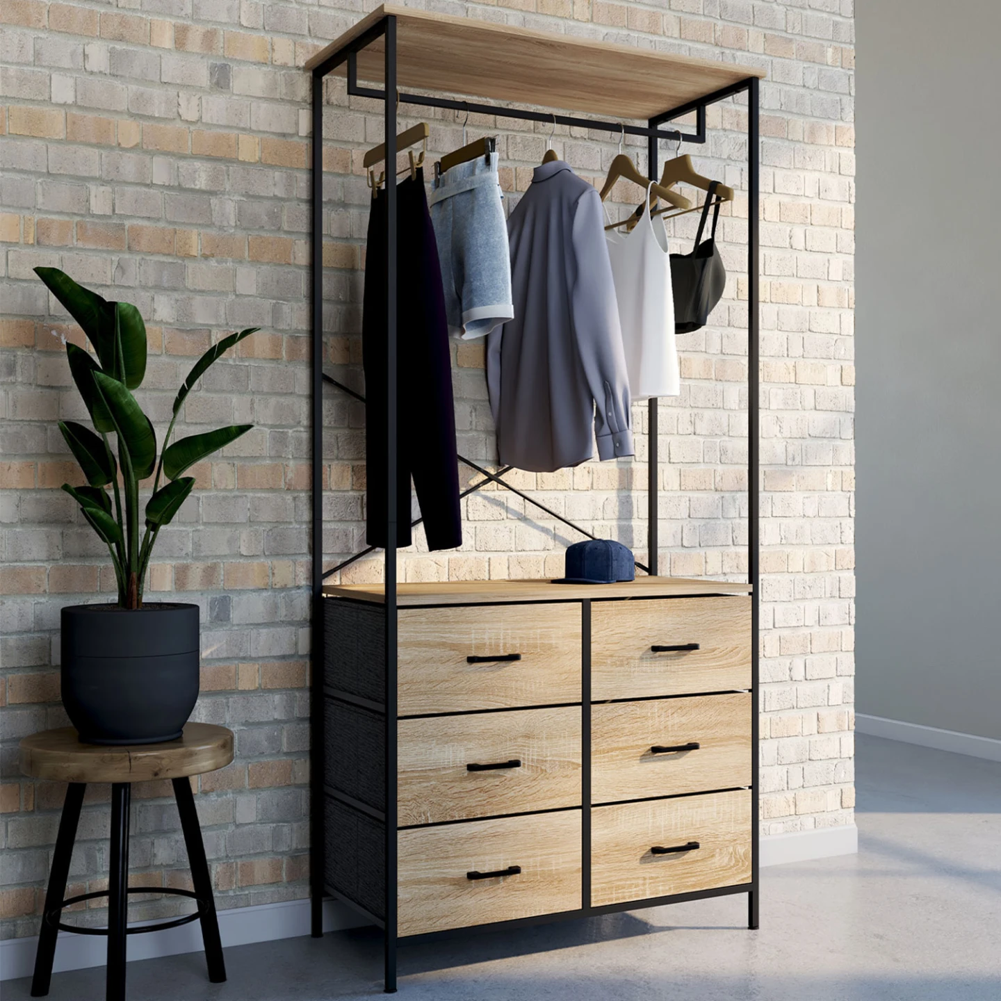 Dressing penderie L. 80 cm UTAH avec 6 bacs en tissu bois et noir