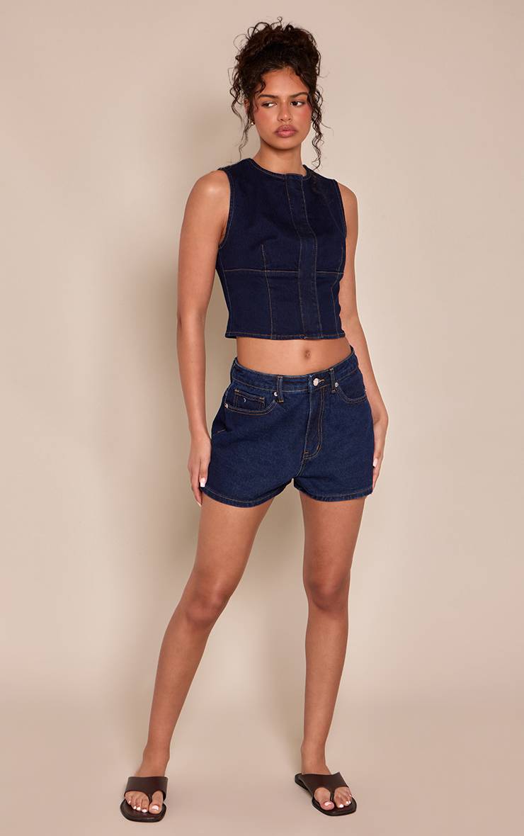 Bleu Indigo Short Mom Taille Haute À Surpiqûres Contrastantes