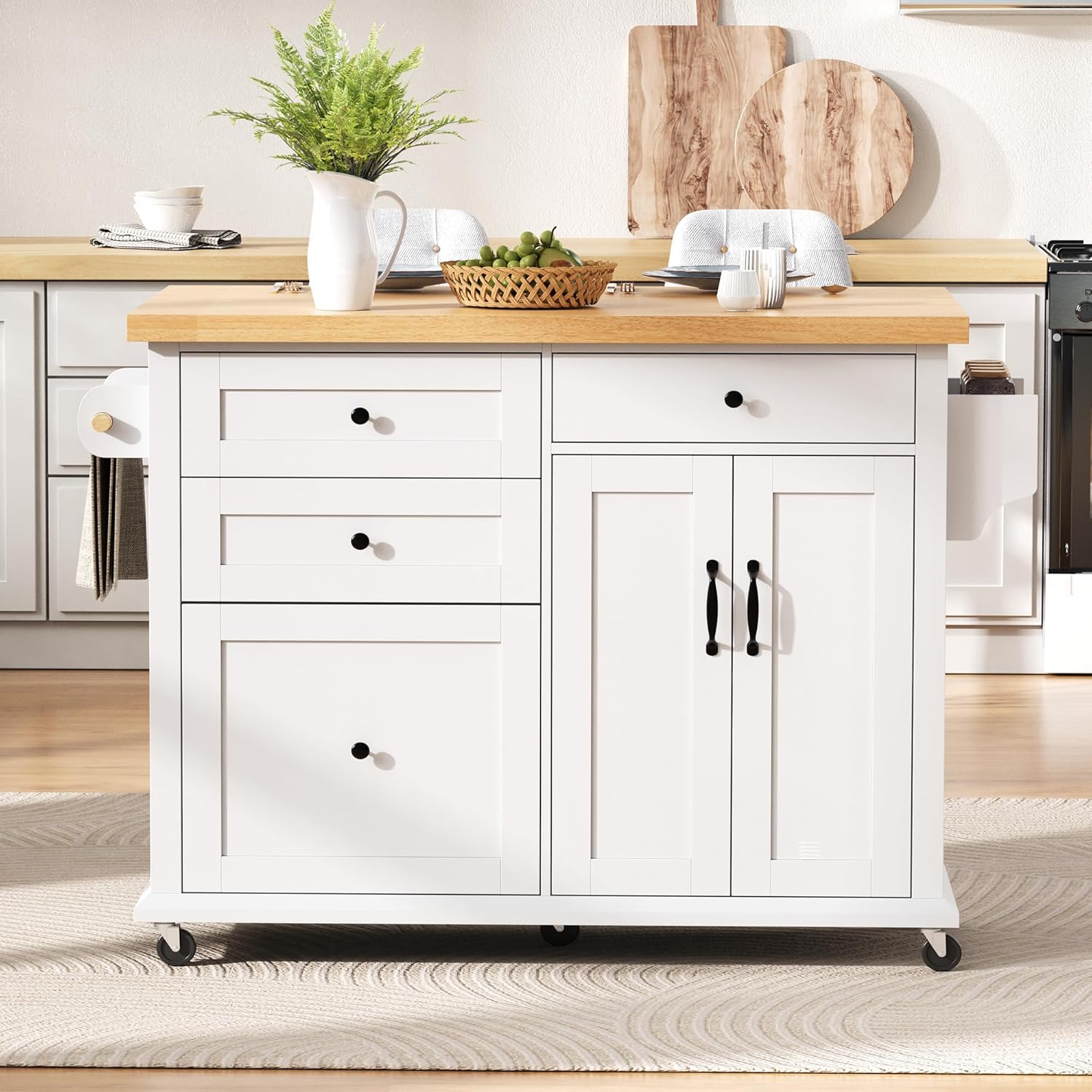 Küchenwagen mit 5 Rollen,Kücheninsel mit Klappbaren Arbeitsplatte,Küchenschrank mit 4 Schubladen,1 Doppeltür-Aufbewahrungsschrank,107 * 45(70)*90.5cm(L×W×H) Weiß