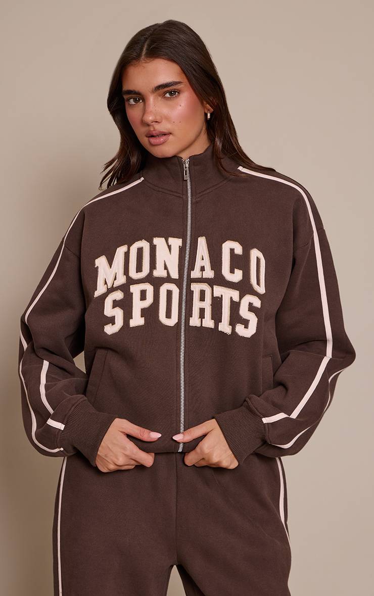 Chocolat Sweat Zippé Crème À Appliqué Monaco Avec Détails Contrastés