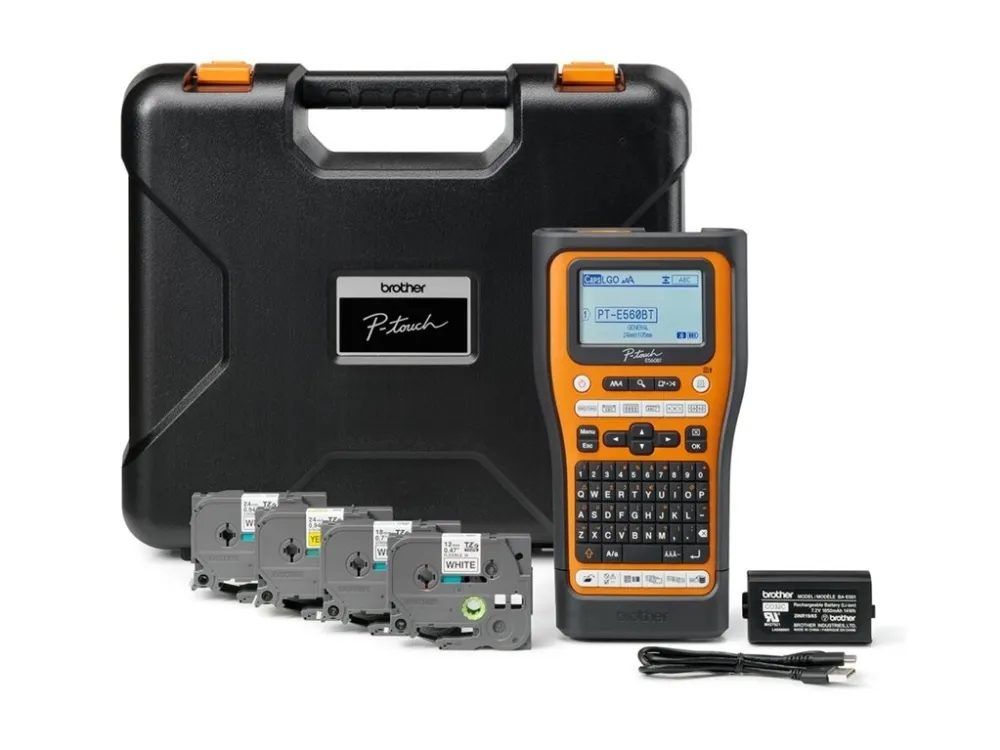 Brother P-Touch PT-E560BTSP - Etikettemaskine - S/H - termo transfer - Rulle (2,4 cm) - 180 dpi - op til 30 mm/sek. - USB 3.0, Bluetooth 5.0 - skærer - spejltryk, Full & Half Cut Function, printforhåndsvisning - sort og orange