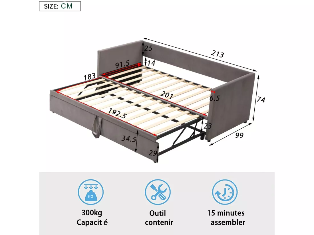 Canapé-lit gigogne 90/180*200 cm avec sommier à lattes tissu velours doux pour la peau gris