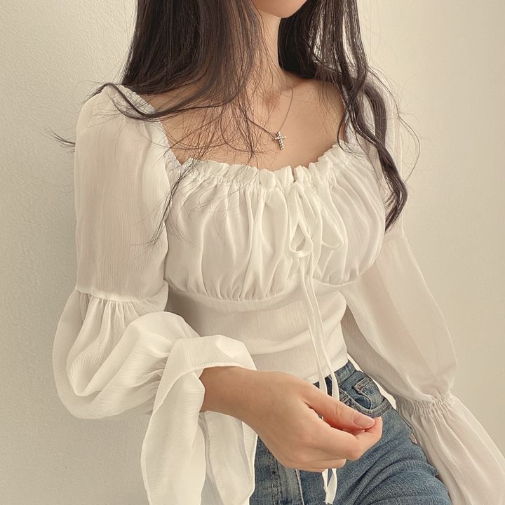 Kira Kira - Blouse met geplooide mouwen en vierkante hals, effen kleur en strik aan de voorkant