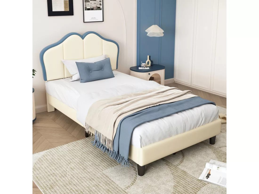 Lit enfant 90x200 cm, avec bords de protection souples, tête de lit élégante, PU, blanc + bleu