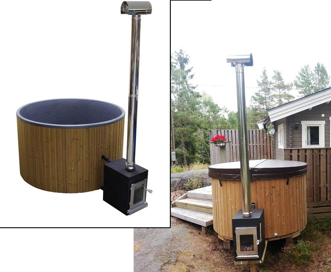 bambus-discount.com Hot Tub 180cm Set montiert mit Holzofen und Polyethylen Wanne schwarz marmoriert für Urlaub zu Hause