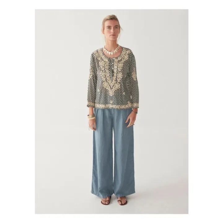 Maison Hotel Blouse Brodée Rita | Bleu marine - Ecru