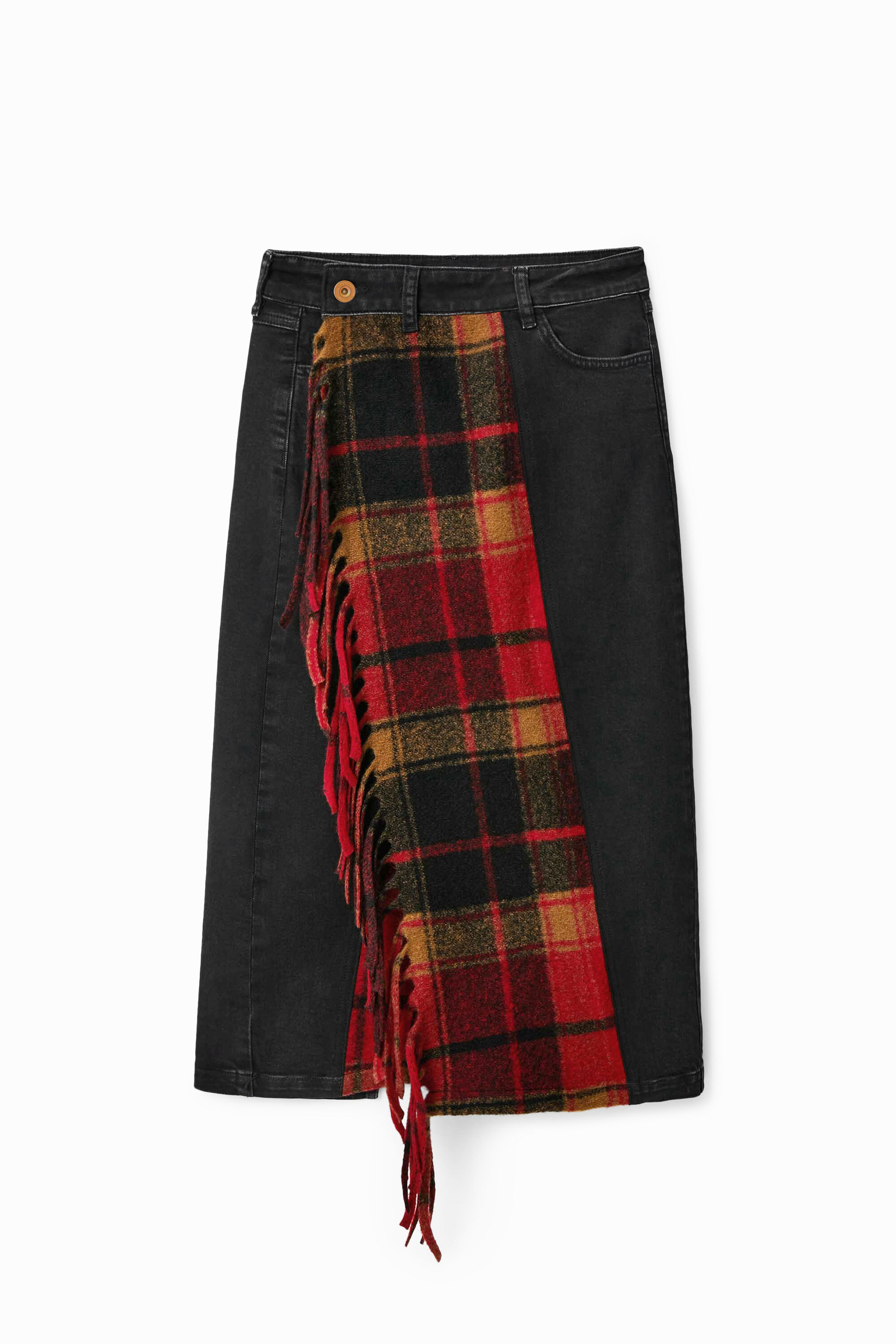 saia midi xadrez jeans