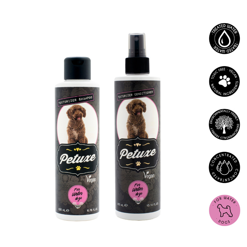 Kit Petuxe com shampoo e condicionador para cães aquáticos e cães de pelo encaracolado.