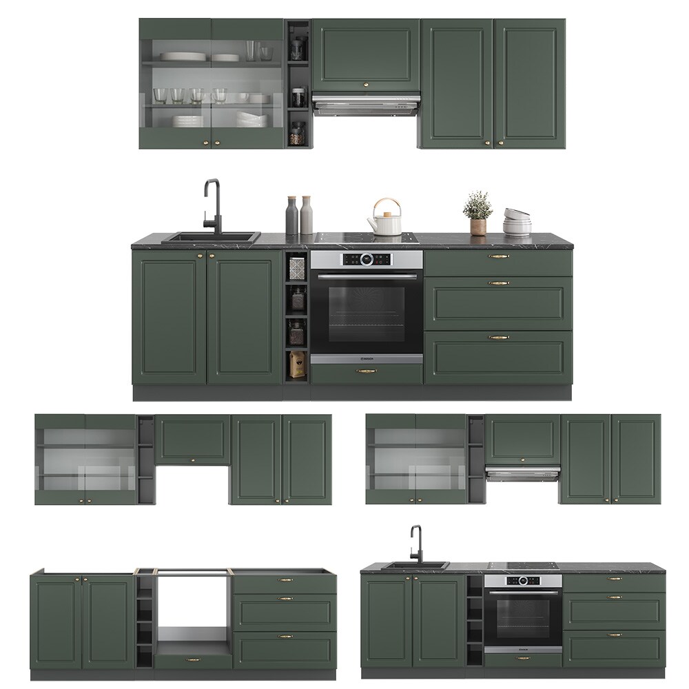 Vicco Küchenzeile Küchenblock Einbauküche Fame-Line Landhaus Anthrazit Grün 235 cm Gold Küchen Schränke Hängeglasschrank Hängeschrank Schubladenunterschrank Spülenunterschrank Herdumbauschrank