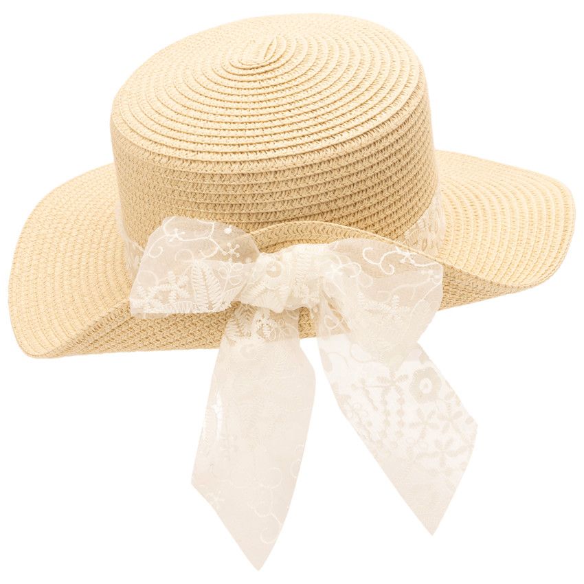 Canotier avec ruban en dentelle brodée pour fille - Ecru