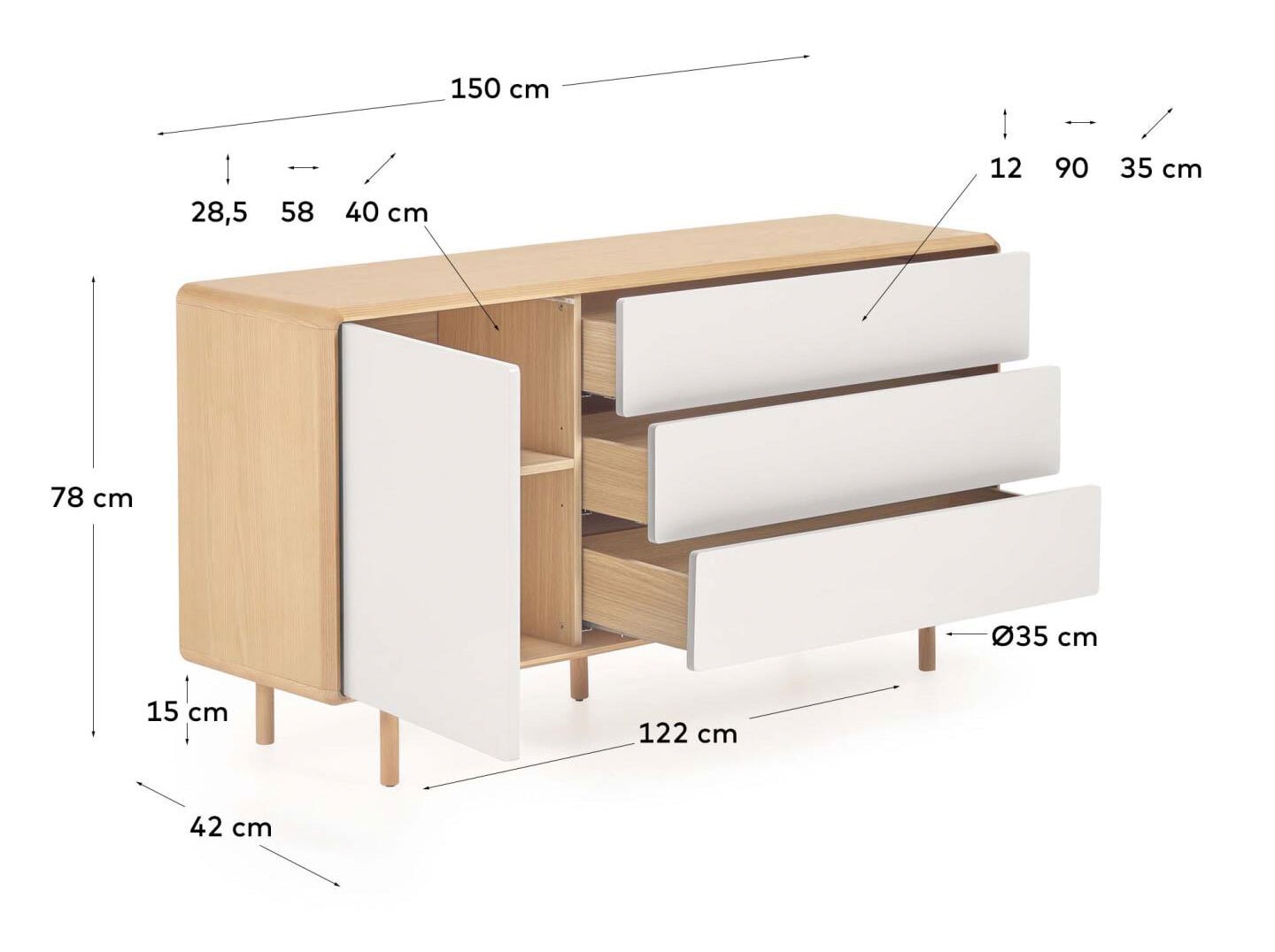 Kave Home Sideboard ANIELLE 150 x 78 cm Esche/Natur/grau