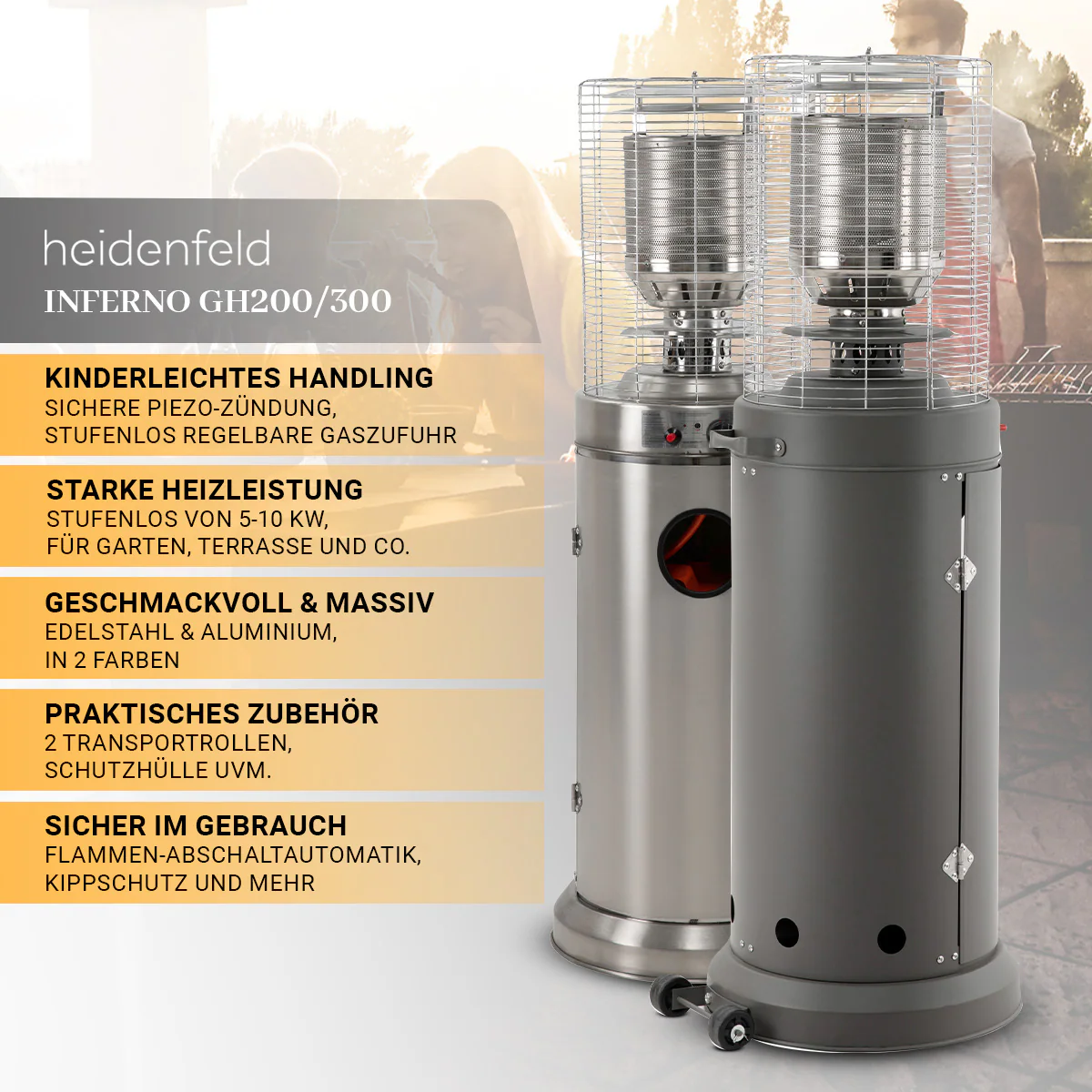 Heidenfeld Gasheizstrahler Inferno GH200, Terrassenheizer, stufenlos bis 10 kW, Piezo-Zündung (Schiefergrau )