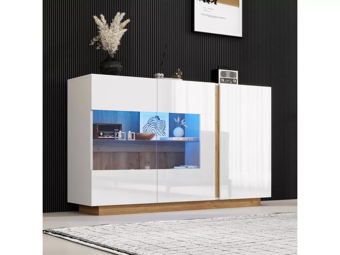 Buffet moderne avec 3 portes - 138 x 38 x 90.5 cm - Panneaux de particules - pour salon, salle à manger - Blanc