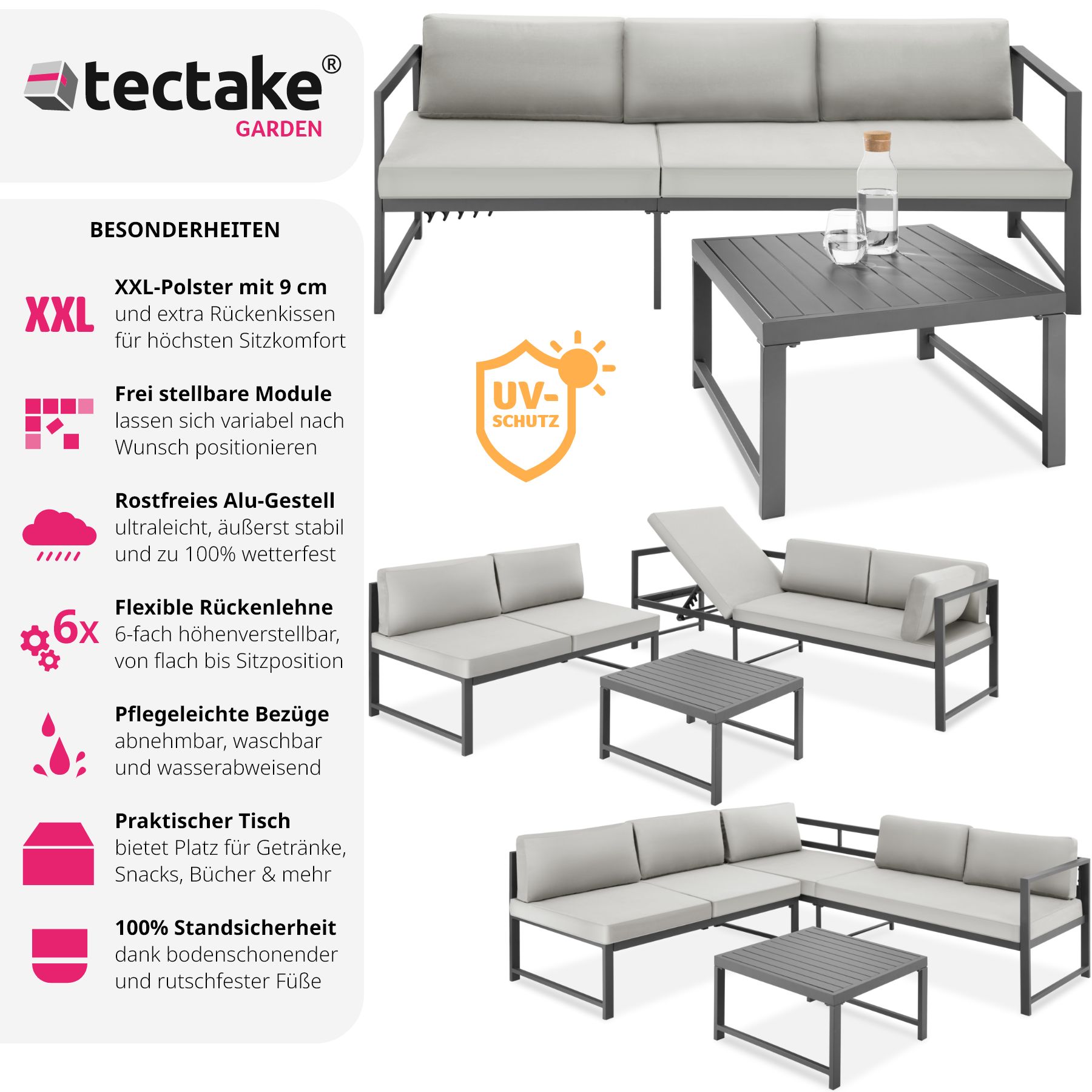 tectake® Sitzgruppe, aus Aluminium, 6-fach verstellbare Rückenlehne, bodenschonende Kunststofffüße