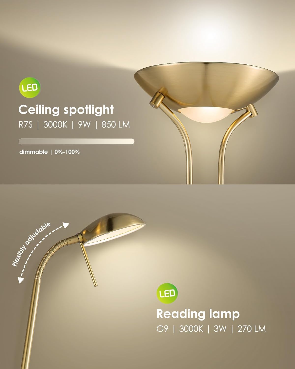 Home Sweet Home Stehleuchte LED Messing - Dimmbar R7s Hauptlicht & G9 Leselampe - Goldbronze - 50x50x180cm - Wohnzimmer