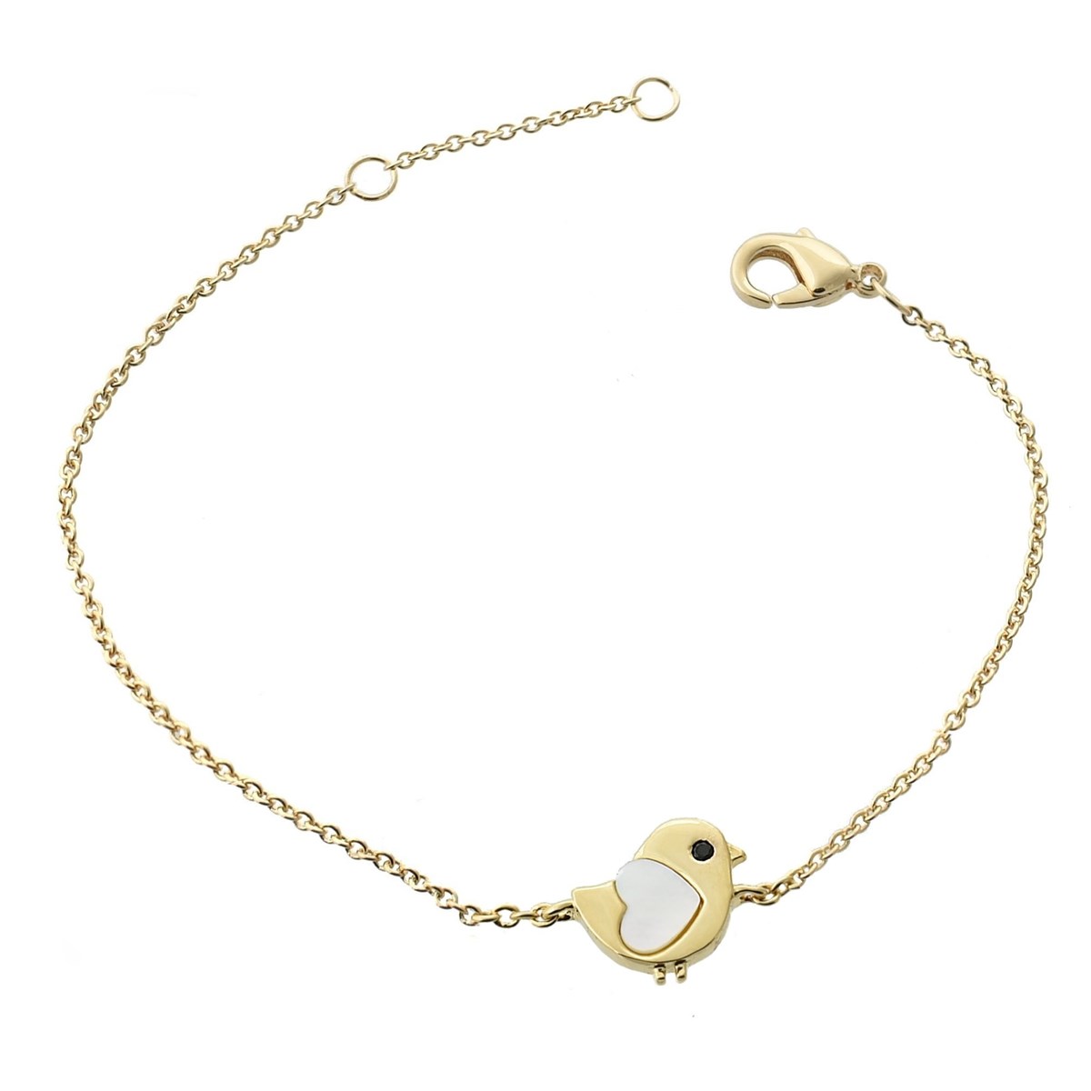 Bracelet oiseau coeur de nacre oeil oxyde de zirconium noir Plaqué OR 750 3 microns