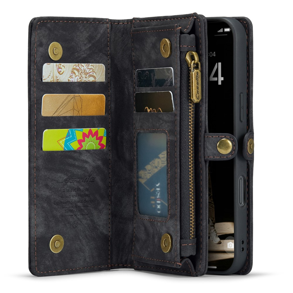 iPhone 16 2in1 Leder Tasche   Magnet Hardcase Karten Etui - Schwarz
