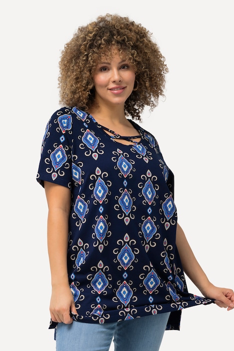 Longshirt, grafischer Druck, Zierbänder, Rundhals, Halbarm