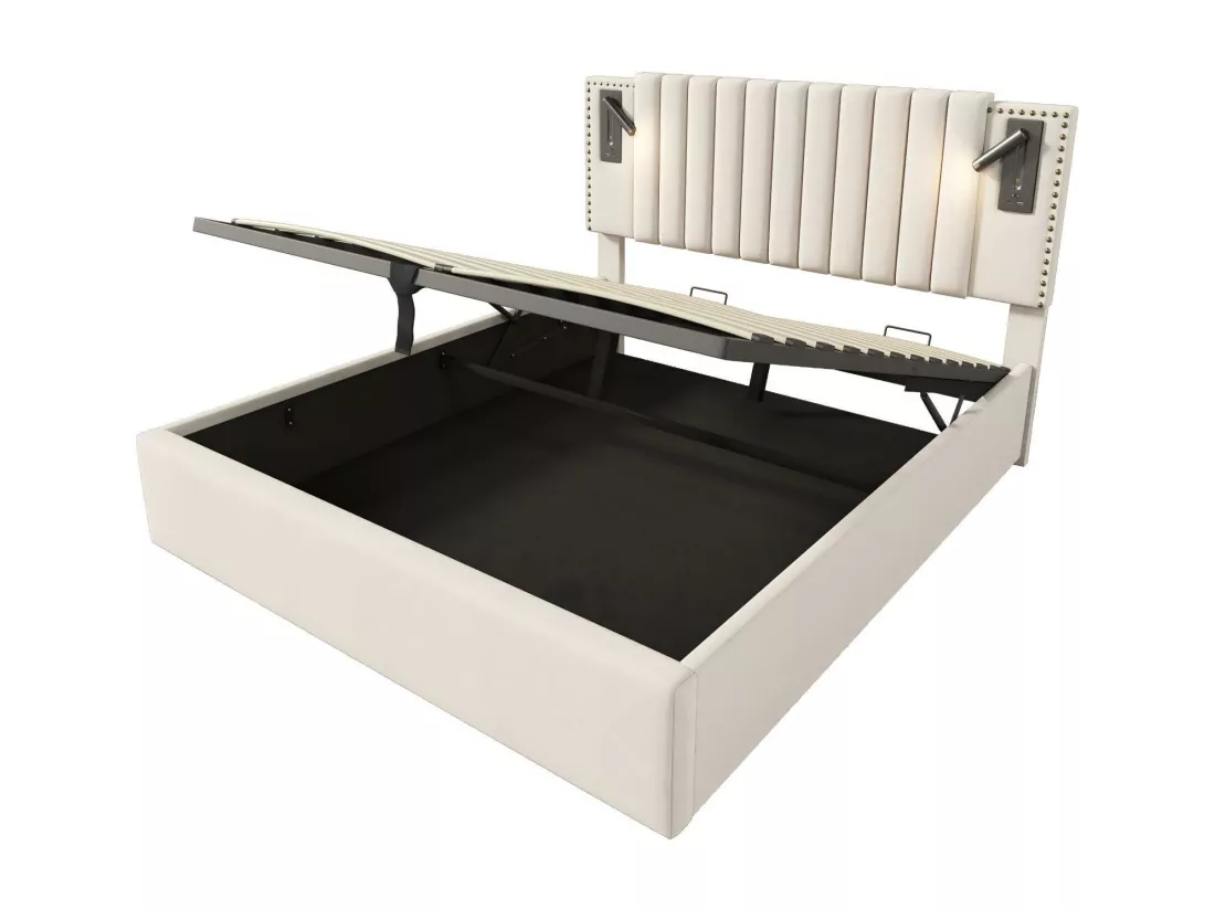 Lit coffre en tissu coton 160x200cm + Matelas, tête de lit réglable, avec lampe de lecture et port de charge, Beige