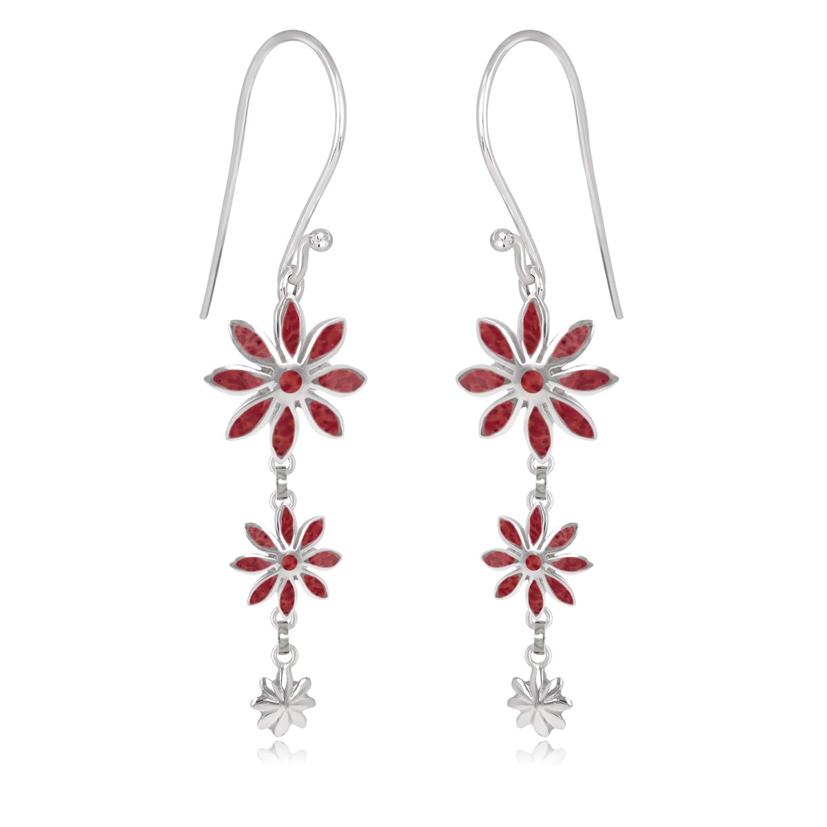 Pendants d'Oreille à Trois Fleurs en Corail Rouge & Argent Massif | Aden