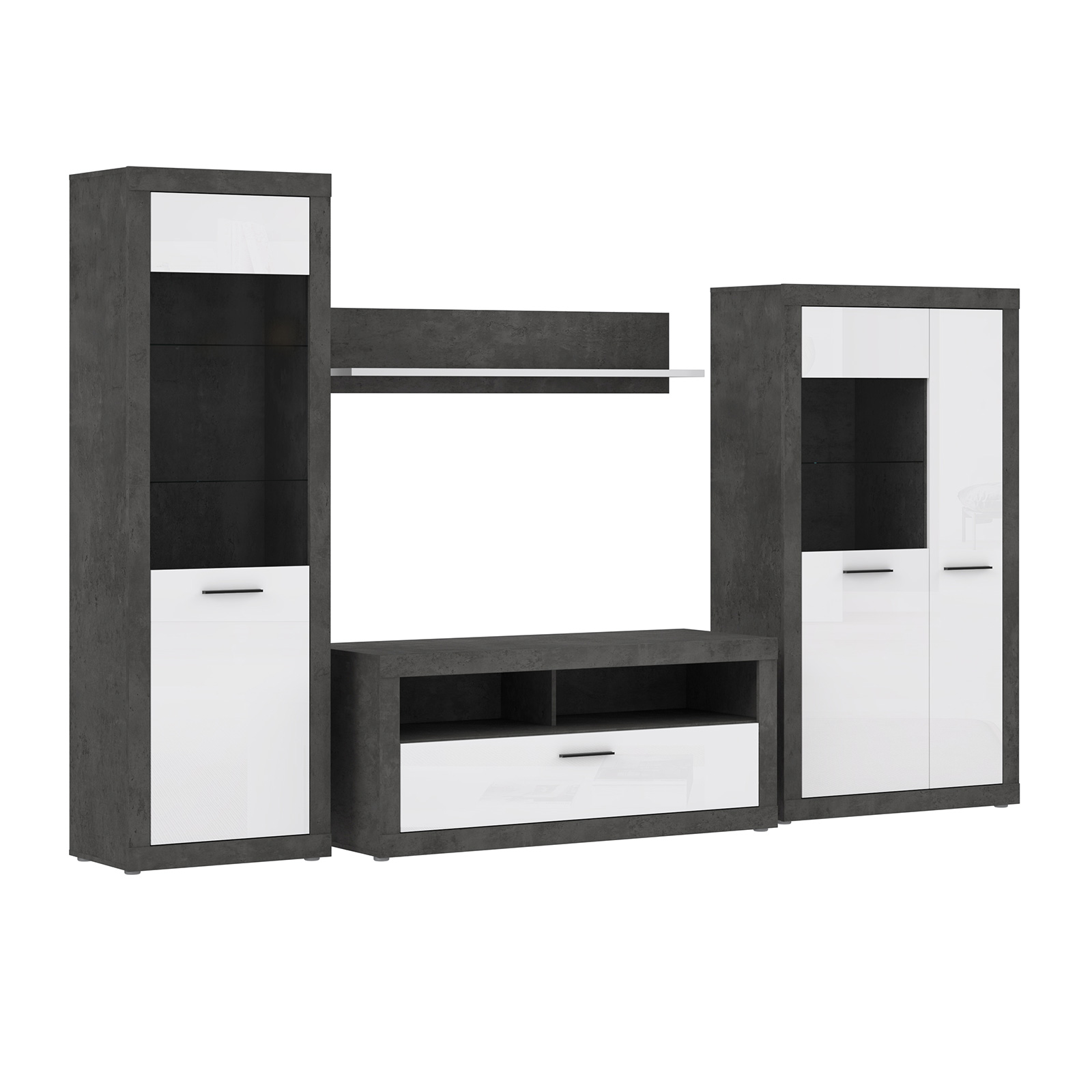 4-teiliges Wohnwand-Set - Betonoptik - weiß - 314 cm breit