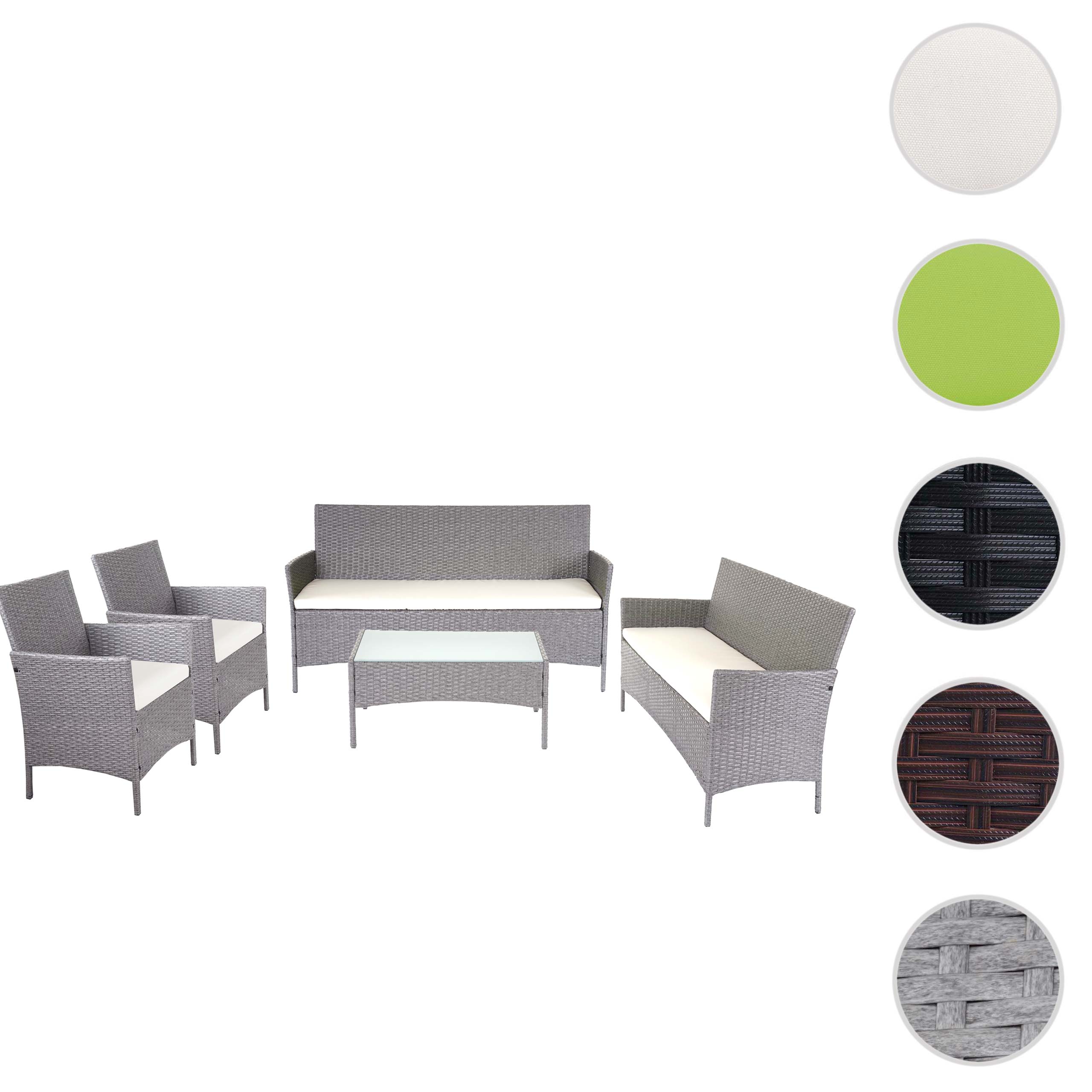 3-2-1-1 Poly-Rattan Garten-Garnitur Hamar, Lounge-Set Sitzgruppe Sofa ~ grau, Kissen creme