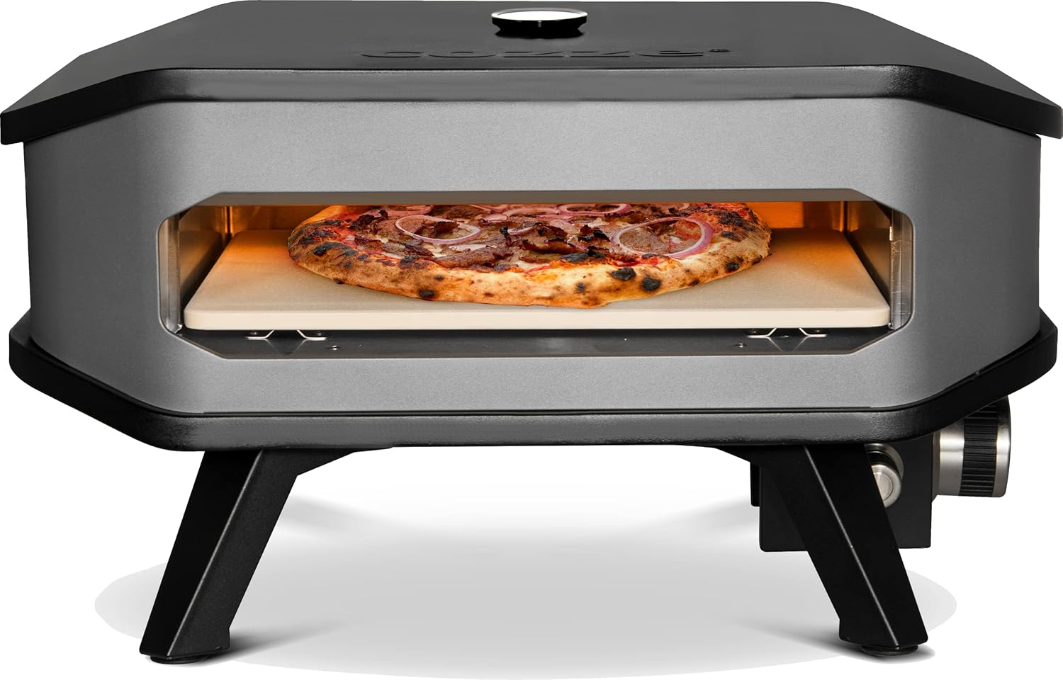 Cozze® 90349 13' Gas Pizza Ofen mit Thermometer mobiler Pizzaofen Pizzastein Gasgrill bis 400 degreeGrad regelbar mit 34x34 cm Pizzastein tragbar Terrasse Balkon, Schwarz