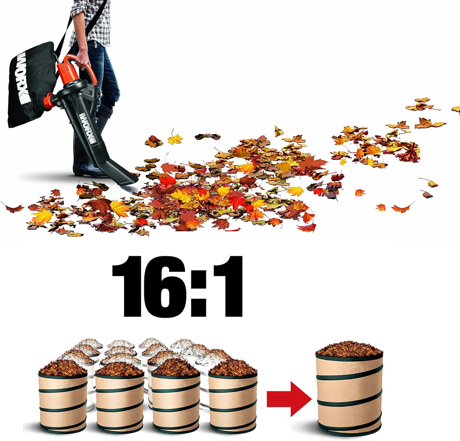WORX WG505E Trivac Laubbläser & Laubsauger 3000 W – 3-in-1 Funktion als Laubbläser, Laubsauger & Mulcher - 335km/h Blasgeschwindigkeit - 600m³/h Saugvolumen – inkl. 45L Fangsack