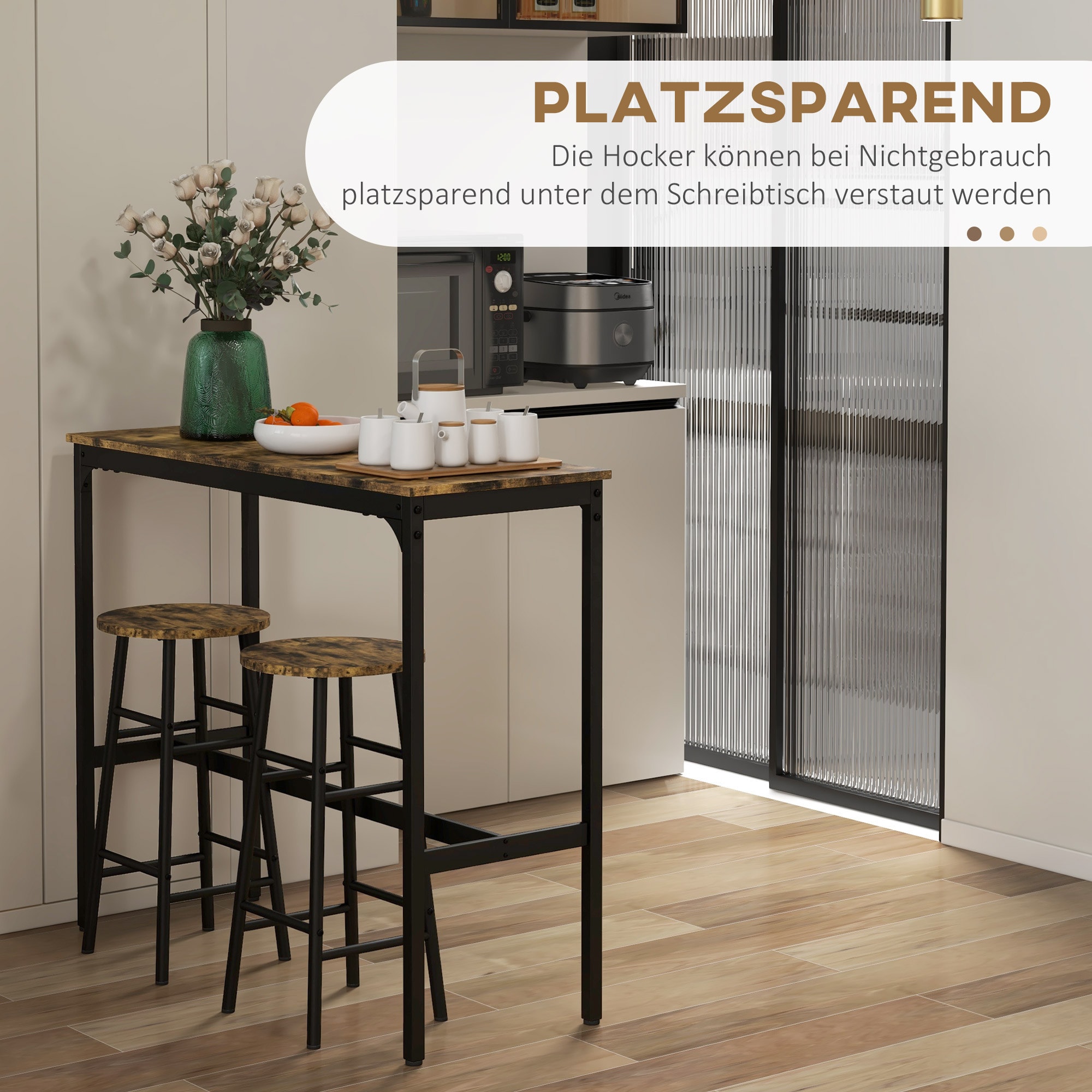 HOMCOM Bartisch-Set mit 2 Hocker braun 105L x 40B x 90H cm