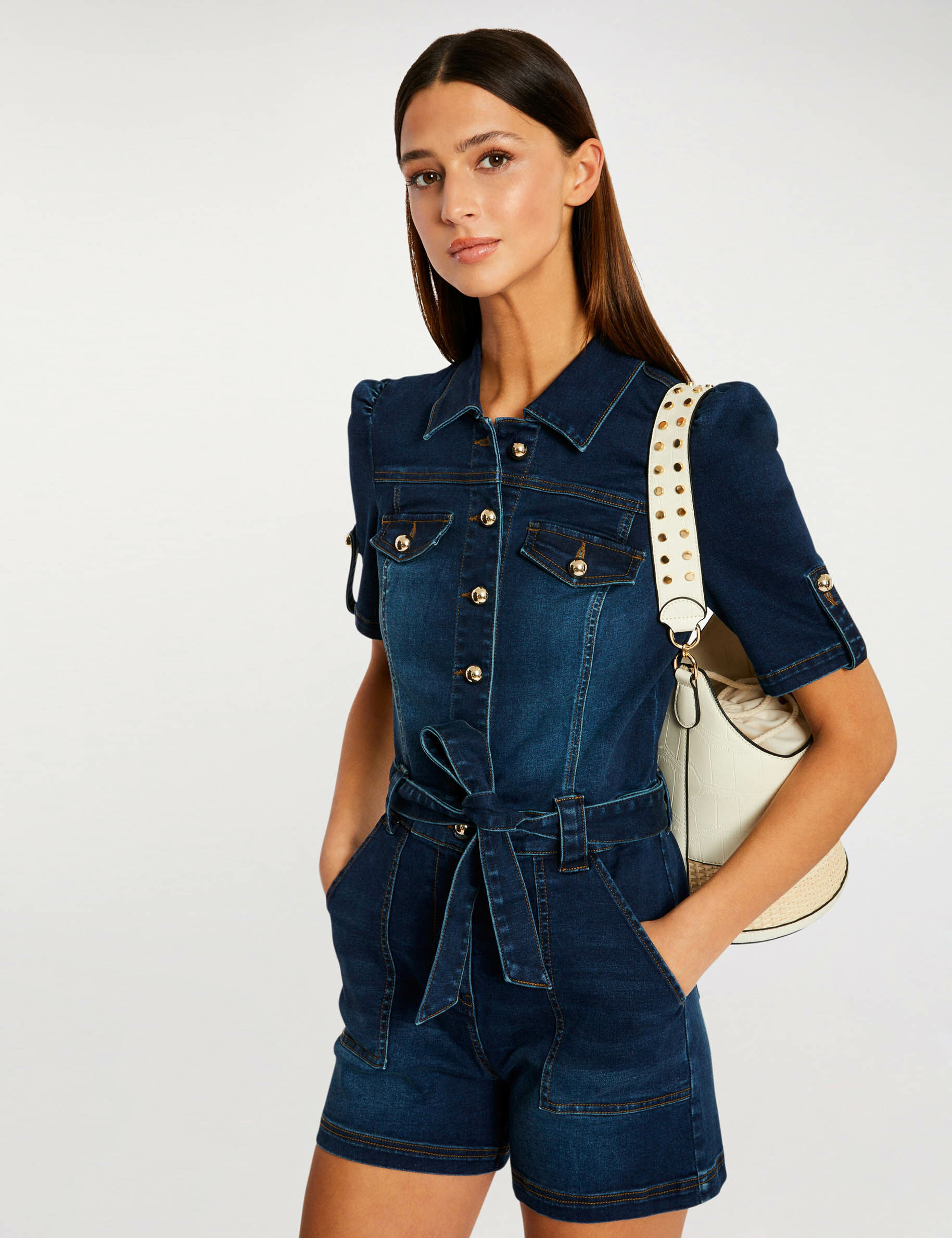 Combishort boutonnée à ceinture jean brut femme - jean_brut