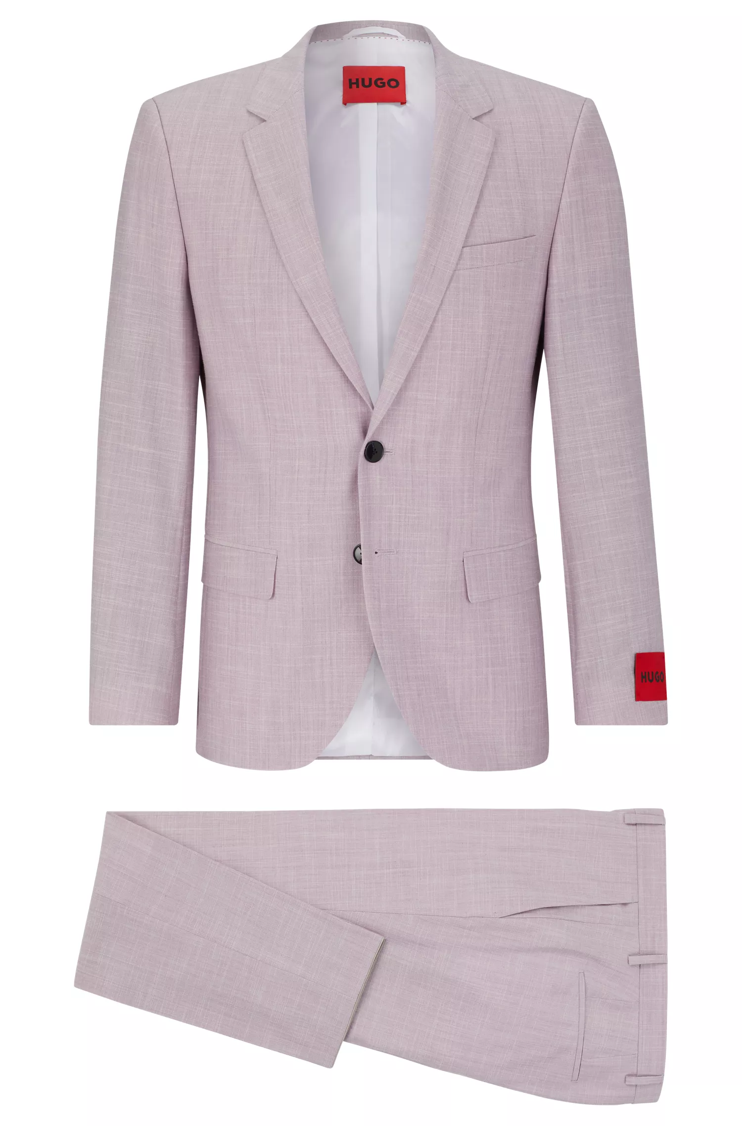 Terno HUGO vermelho, corte slim, em tecido elástico de alta performance com estampa.