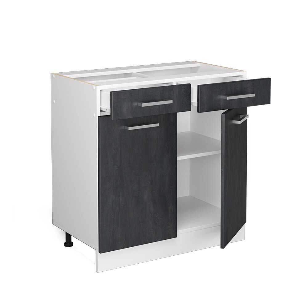 Vicco Schubunterschrank R-Line Schwarz Beton Weiß 80 cm mit Arbeitsplatte Weiß Marmor
