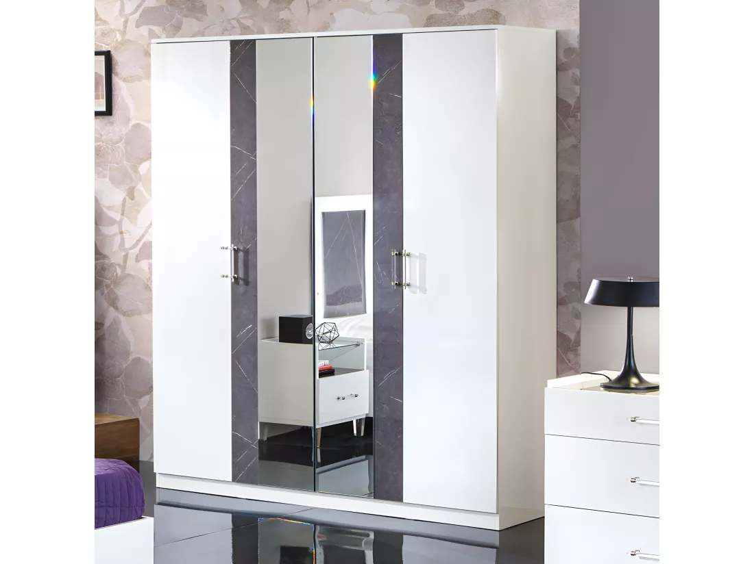 Chambre complète 160x200 Blanc/Marbre gris à LEDs - DAIMANA