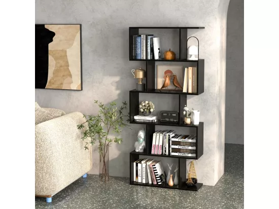 Bibliothèque en Forme de S, Étagère à 5 Niveaux, Meuble de Rangement avec Anti-basculement, 70 x 23,5 x 158 cm, pour Salon, Chambre, Bureau, Noir