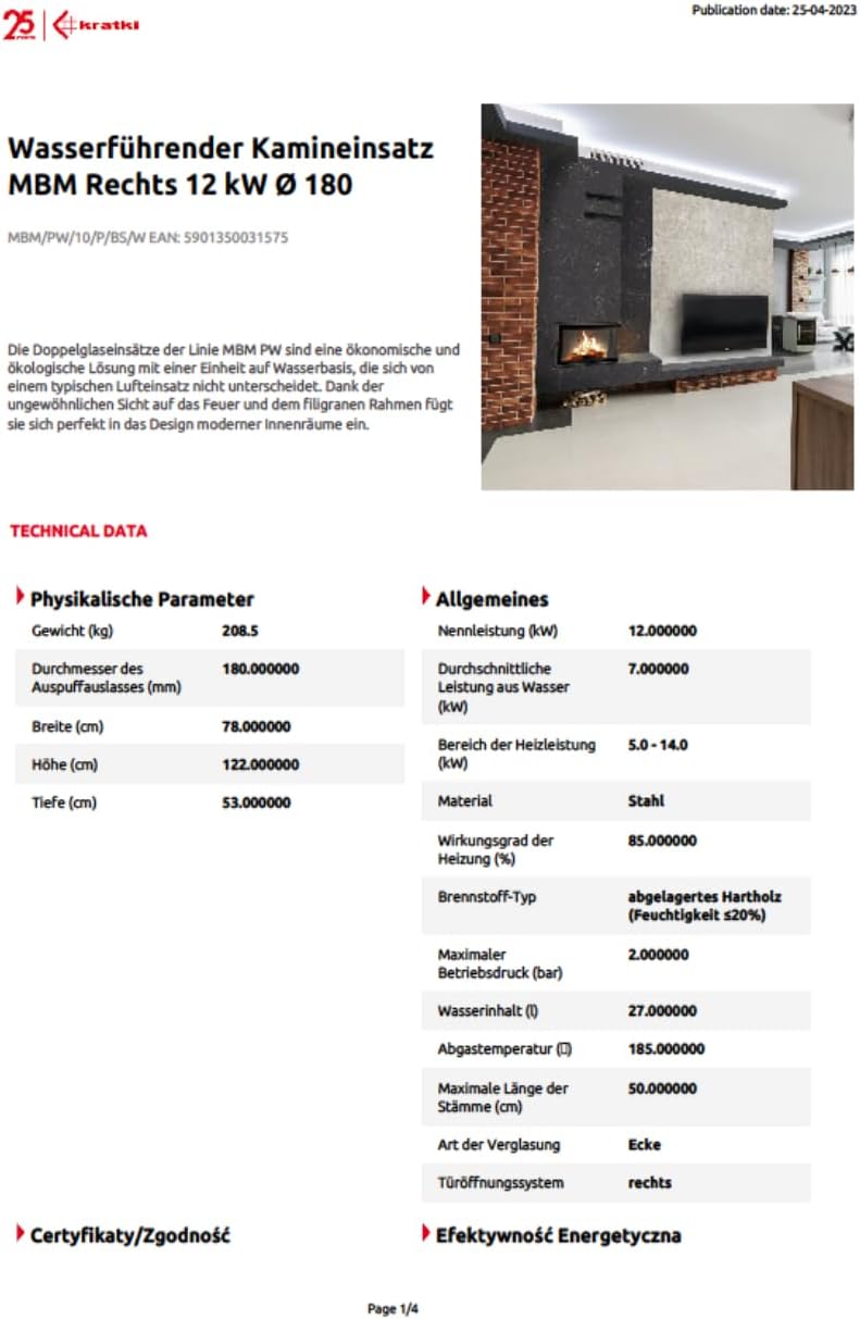 Kratki Wasserführender Kamineinsatz MBM rechts 12 kW Ø 180