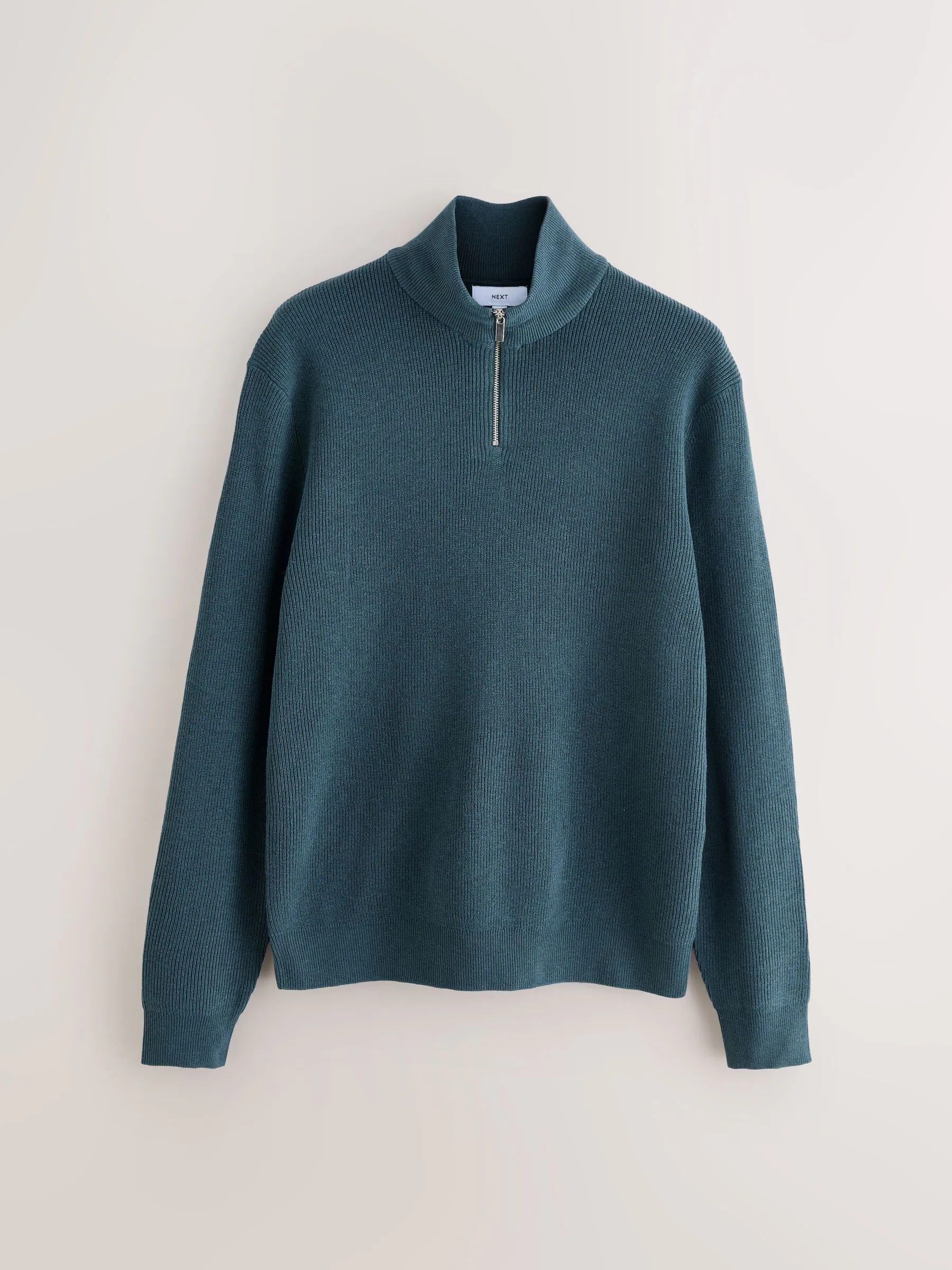 Blauwgroen - Essential geribbelde trui met korte rits en Regular fit