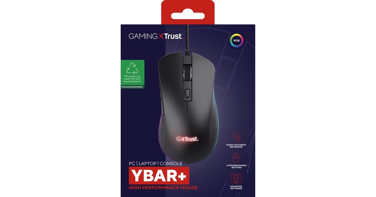 TrustGXT924 Ybar+ gaming muis met hoogwaardige prestaties  (Zwart, RGB, 25.600 dpi)