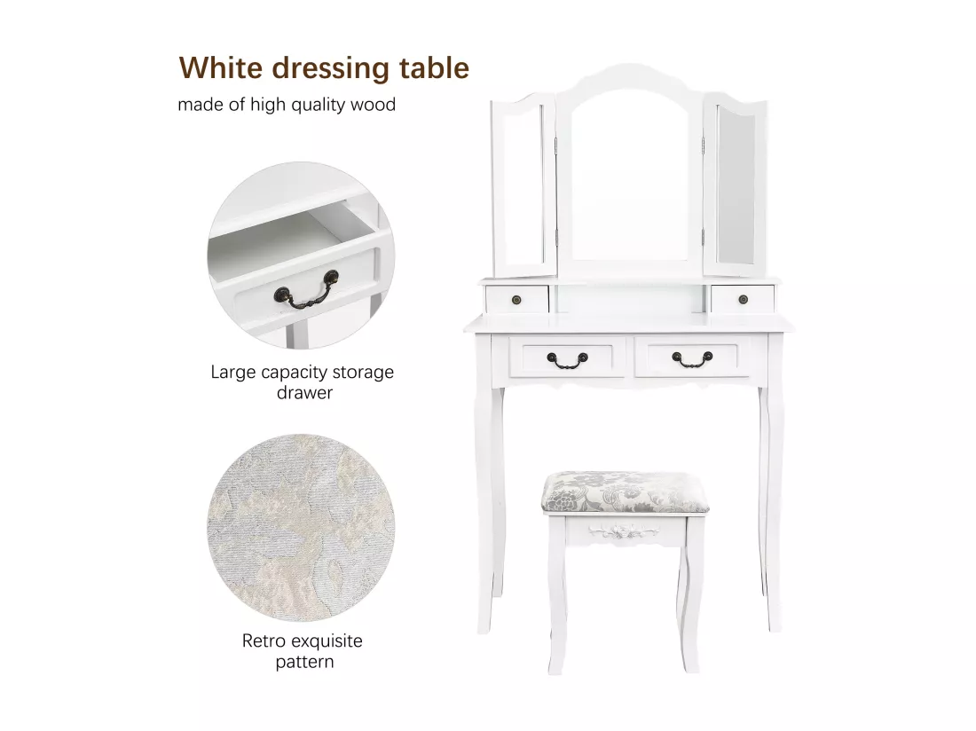 Coiffeuse, avec Tabouret, 3 miroirs, Miroir Pivotant et 4 tiroirs, Idéale pour Enfants et Adultes, Blanc