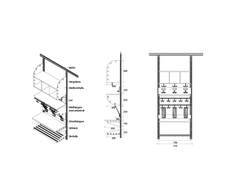 Børne garderobe Adde Kombination B, påbyg, bredde 750 mm 3 pladser