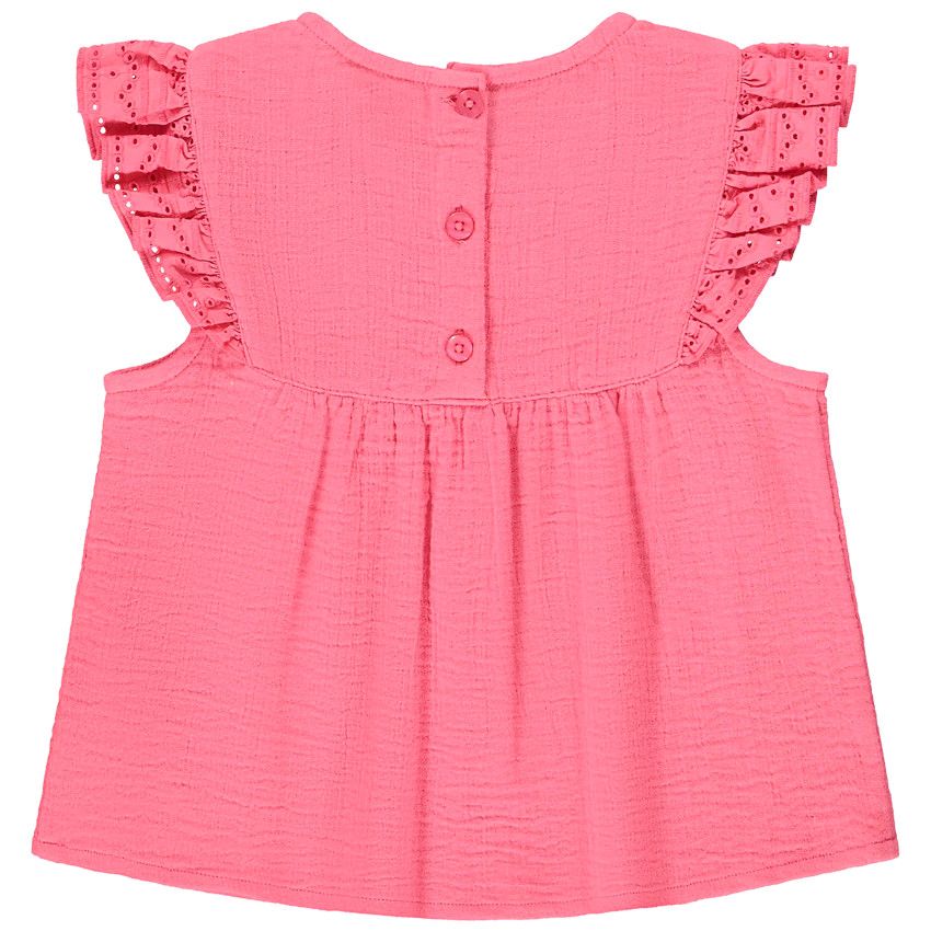 Top manches courtes en gaze de coton avec broderie pour fille - Fuchsia
