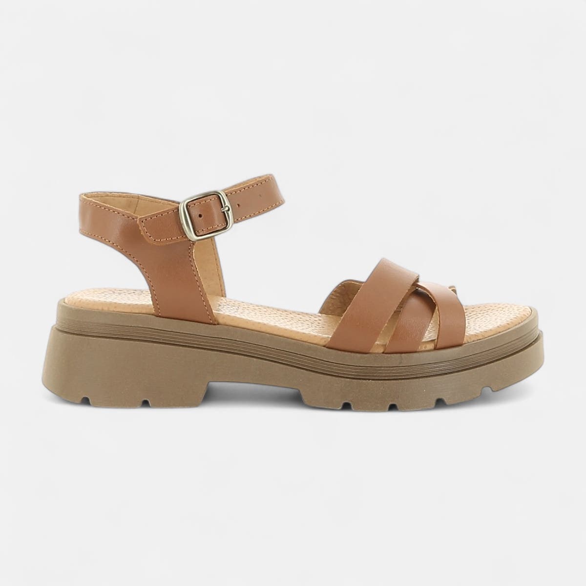 Sandales à talon compensé Femme en cuir cognac
